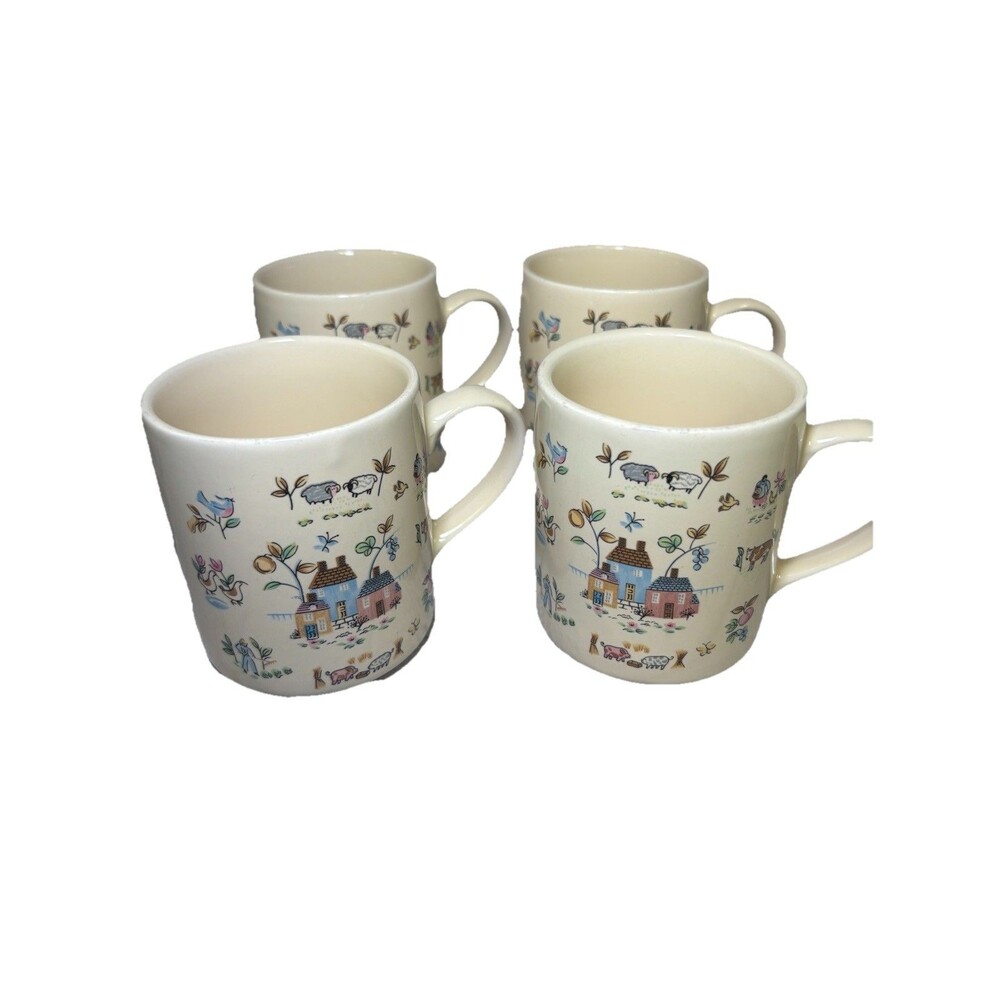 4 Vintage International Heartland Mugs Coffee Cups County Farm Scene Stoneware